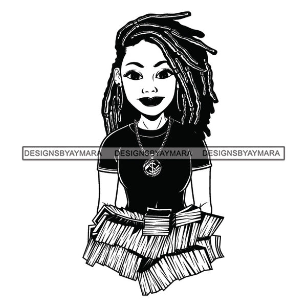 Afro Woman Holding Stacks Of Money Showing Off Melanin Necklace Dreadlocks Hairstyle B/W SVG JPG PNG Vector Clipart Cricut Silhouette Cut Cutting