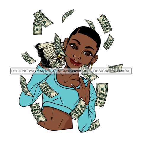 Afro Woman Hustler 100 Dollar Bill Flying Money Successful Short Hairstyle SVG JPG PNG Cutting Files For Silhouette and Cricut and More