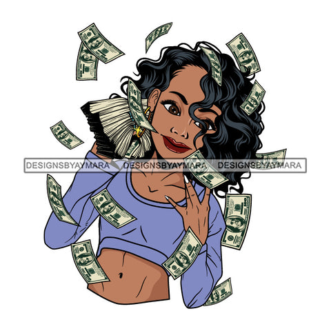 Afro Woman Hustler 100 Dollar Bill Flying Money Successful Curly Hairstyle SVG JPG PNG Cutting Files For Silhouette and Cricut and More