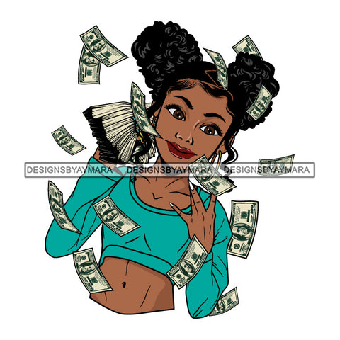 Afro Woman Hustler 100 Dollar Bill Flying Money Successful Pigtails Hairstyle SVG JPG PNG Cutting Files For Silhouette and Cricut and More