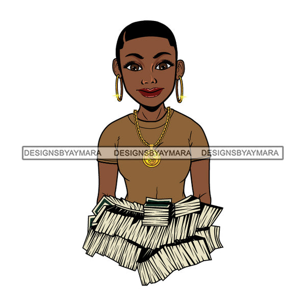 Afro Woman Holding Stacks Of Money Showing Off Melanin Gold Chain Short Hairstyle SVG JPG PNG Vector Clipart Cricut Silhouette Cut Cutting