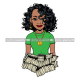 Afro Woman Holding Stacks Of Money Showing Off Melanin Gold Chain Curly Hairstyle SVG JPG PNG Vector Clipart Cricut Silhouette Cut Cutting