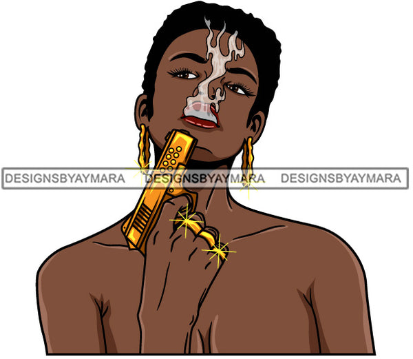 Afro Lola Gangster Black Woman Short Hairstyle Nubian Bamboo Earrings Handgun Rapper Gangsta SVG Cutting Files For Silhouette Cricut