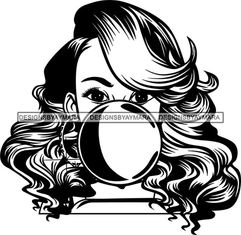 Black Lola Blowing Gum Hoop Earrings Portrait Woman Playful Casual Wavy Long Hair Style B/W SVG Cutting Files For Silhouette  Cricut