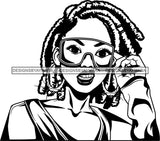 Black Goddess Lola Glamour Mad Hustle Queen Glasses Hoop Earrings Sexy Portrait Fashion Woman Dreadlocks Hair Style B/W SVG Cutting Files For Silhouette  Cricut