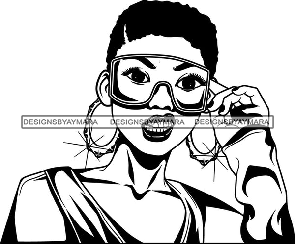 Black Goddess Lola Glamour Mad Hustle Queen Glasses Hoop Earrings Sexy Portrait Fashion Woman Short Hair Style B/W SVG Cutting Files For Silhouette  Cricut