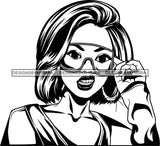 Black Goddess Lola Glamour Mad Hustle Queen Glasses Hoop Earrings Sexy Portrait Fashion Woman Wavy Shoulder Length Hair Style B/W SVG Cutting Files For Silhouette  Cricut