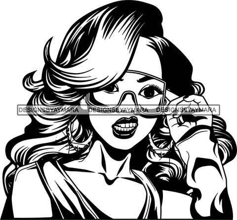 Black Goddess Lola Glamour Mad Hustle Queen Glasses Hoop Earrings Sexy Portrait Fashion Woman Wavy Long Hair Style B/W SVG Cutting Files For Silhouette  Cricut