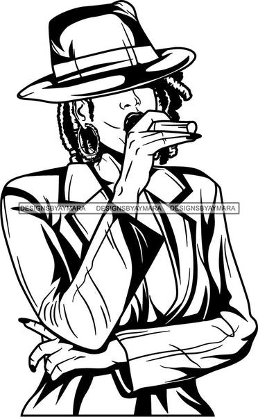 Black Goddess Lola Glamour Gangster Cigar Retro Hat Hoop Earrings Sexy Attractive Mysterious Fashion Woman Dreadlocks Hair Style B/W SVG Cutting Files For Silhouette  Cricut