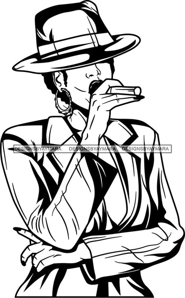 Black Goddess Lola Glamour Gangster Cigar Retro Hat Hoop Earrings Sexy Attractive Mysterious Fashion Woman Short Hair Style B/W SVG Cutting Files For Silhouette  Cricut
