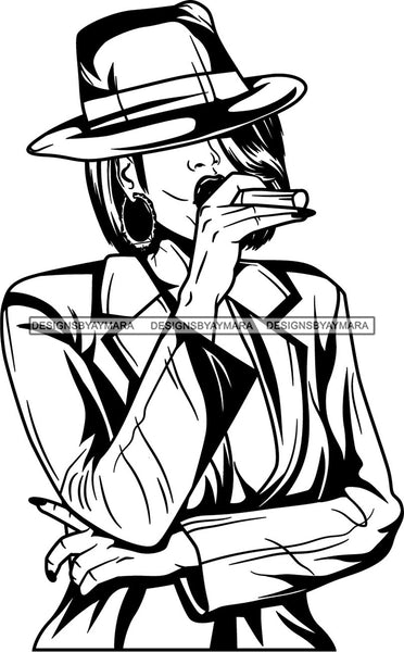 Black Goddess Lola Glamour Gangster Cigar Retro Hat Hoop Earrings Sexy Attractive Mysterious Fashion Woman Wavy Shoulder Length  Hair Style B/W SVG Cutting Files For Silhouette  Cricut