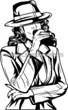 Black Goddess Lola Glamour Gangster Cigar Retro Hat Hoop Earrings Sexy Attractive Mysterious Fashion Woman Wavy Long Hair Style B/W SVG Cutting Files For Silhouette  Cricut