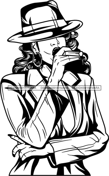 Black Goddess Lola Glamour Gangster Cigar Retro Hat Hoop Earrings Sexy Attractive Mysterious Fashion Woman Wavy Long Hair Style B/W SVG Cutting Files For Silhouette  Cricut