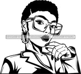 Black Goddess Lola Glamour Glasses Hoop Earrings Sexy Attractive Portrait Fashion Woman Short Hair Style B/W SVG Cutting Files For Silhouette  Cricut