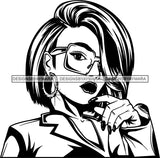 Black Goddess Lola Glamour Glasses Hoop Earrings Sexy Attractive Portrait Fashion Woman Wavy Shoulder Length Hair Style B/W SVG Cutting Files For Silhouette  Cricut