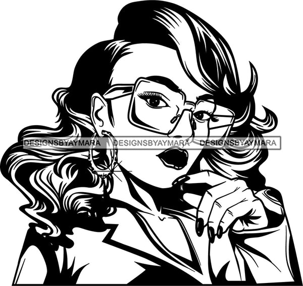 Black Goddess Lola Glamour Glasses Hoop Earrings Sexy Attractive Portrait Fashion Woman Wavy Long Hair Style B/W SVG Cutting Files For Silhouette  Cricut