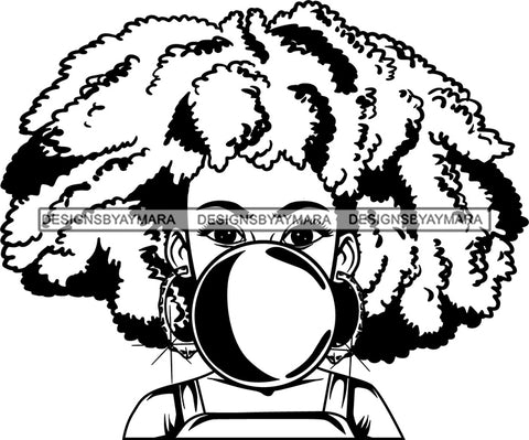 Black Lola Blowing Gum Hoop Earrings Portrait Woman Playful Casual Afro Hair Style B/W SVG Cutting Files For Silhouette  Cricut