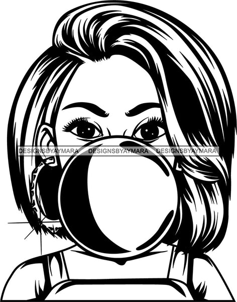 Black Lola Blowing Gum Hoop Earrings Portrait Woman Playful Casual Wavy Shoulder Length Hair Style B/W SVG Cutting Files For Silhouette  Cricut