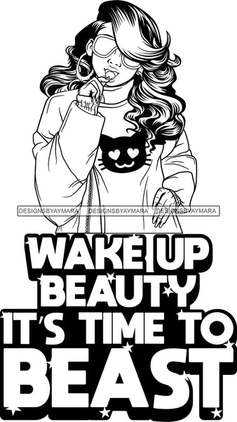 Afro Lola Hustle Beauty Beast Black Woman Life Quotes Hoop Earrings Lollipop Sunglasses  B/W Wavy Long Hair Style SVG Cutting Files For Silhouette  Cricut