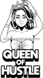 Afro Lola Queen Hustle Goddess Black Woman Life Quotes Hoop Earrings Fixing Crown B/W Wavy Shoulder Length Hair Style SVG Cutting Files For Silhouette  Cricut