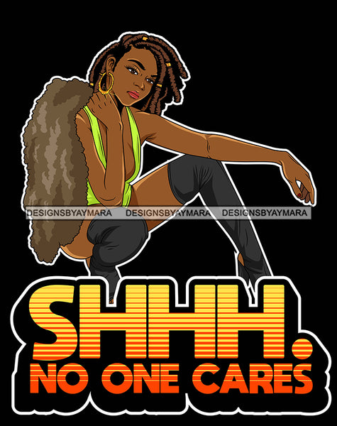 Lola Flow Black Woman No One Cares Dreadlocks Hair Style Sexy Posing Modeling Fur Coat Attractive Hoop Earrings  High Heels SVG Clipart Vector Cutting Files