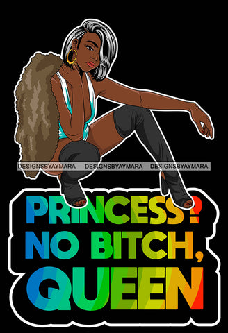 Lola Flow Black Woman Princess No Queen Straight Hair Style Sexy Posing Modeling Fur Coat Attractive Hoop Earrings  High Heels SVG Clipart Vector Cutting Files