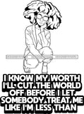 Afro Lola Queen Hustle Know My Worth Self Respect Lady Sunglasses Squatting Life Quotes Afro Hair Style B/W SVG Cutting Files For Silhouette Cricut