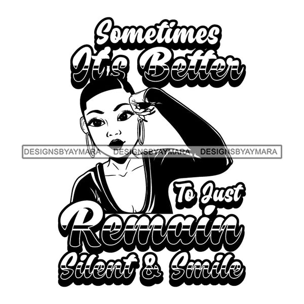 Afro Black Woman Portrait Life Quote Bamboo Hoop Earrings Short Hairstyle B/W SVG JPG PNG Vector Designs Cutting Files For Circuit Silhouette