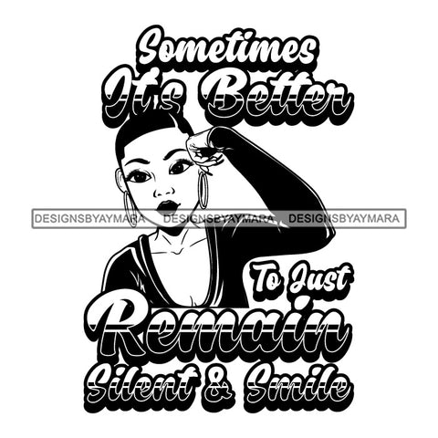 Afro Black Woman Portrait Life Quote Bamboo Hoop Earrings Short Hairstyle B/W SVG JPG PNG Vector Designs Cutting Files For Circuit Silhouette