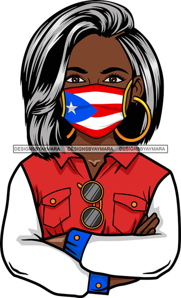 Afro Lola Wearing Face Mask Flags Puerto Rico Country Proud Roots Virus SVG Cutting Files For Silhouette Cricut and More!