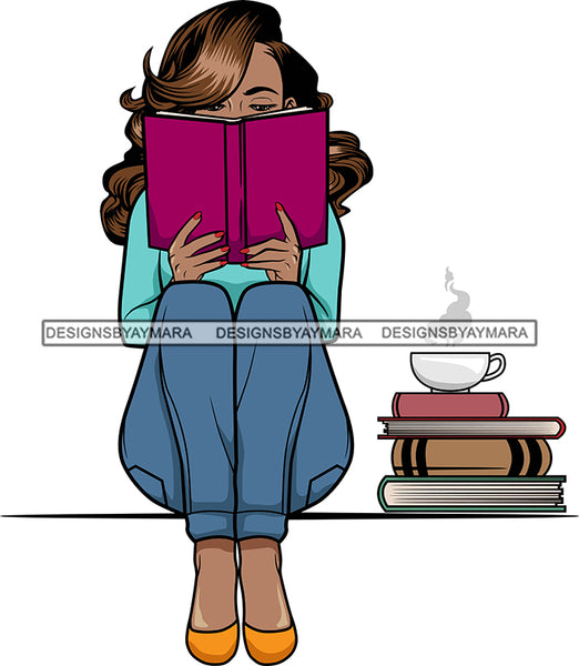 Afro Lola Reading A Book Education Smart Woman Drinking Coffee .SVG Cutting Files For Silhouette Cricut and More!