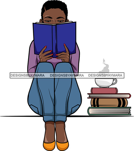 Afro Lola Reading A Book Education Smart Woman Drinking Coffee .SVG Cutting Files For Silhouette Cricut and More!