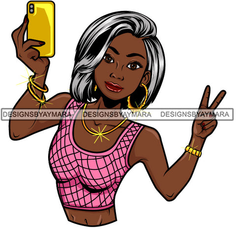 Afro Lola Taking A Selfie Peace Sign Beautiful Black Woman SVG Cutting Files For Silhouette Cricut and More
