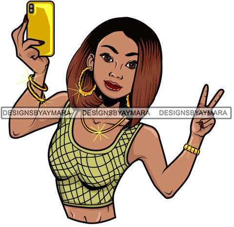 Afro Lola Taking A Selfie Peace Sign Beautiful Black Woman SVG Cutting Files For Silhouette Cricut and More