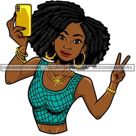 Afro Lola Taking A Selfie Peace Sign Beautiful Black Woman SVG Cutting Files For Silhouette Cricut and More