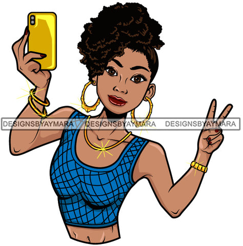 Afro Lola Taking A Selfie Peace Sign Beautiful Black Woman SVG Cutting Files For Silhouette Cricut and More