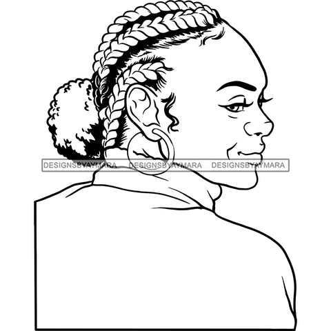 Afro Woman Mature Portrait Side View Nubian Classy Flawless Braids Bun Hair B/W SVG JPG PNG Designs Cricut Silhouette Cut Cuttings