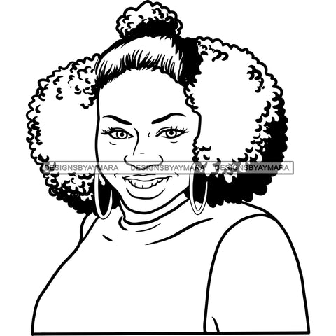 Afro Woman Mature Portrait Nubian Melanin Flawless Classy Puffy Pigtails Hairstyle B/W SVG JPG PNG Designs Cricut Silhouette Cut Cuttings