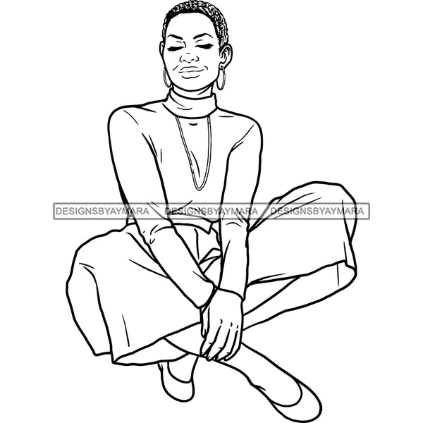 Afro Woman Mature Sitting Down Nubian Classy Flawless Short Hairstyle B/W SVG JPG PNG Designs Cricut Silhouette Cut Cuttings