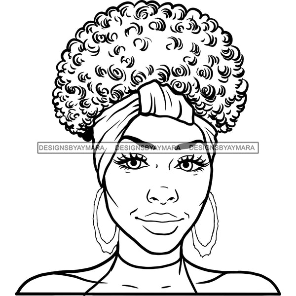 Afro Woman Mature Portrait Nubian Classy Flawless Headwrap Puffy Up Do Hairstyle B/W SVG JPG PNG Designs Cricut Silhouette Cut Cuttings
