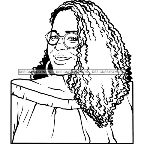 Afro Woman Mature Portrait Nubian Classy Flawless Glasses Curly Hairstyle B/W SVG JPG PNG Designs Cricut Silhouette Cut Cuttings