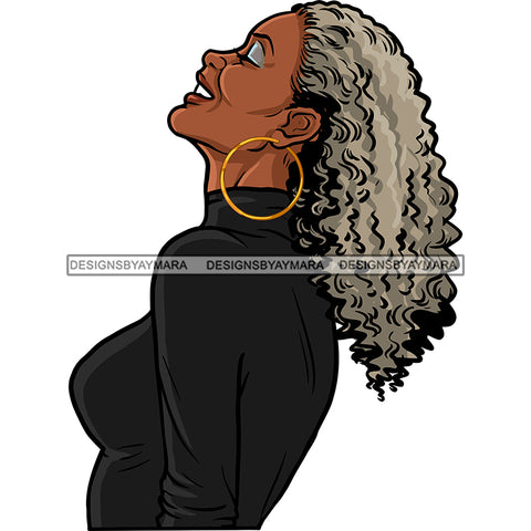 Afro Woman Mature Portrait Side View Nubian Classy Flawless Hoop Earrings Grey Curly Hairstyle SVG JPG PNG Designs Cricut Silhouette Cut Cuttings