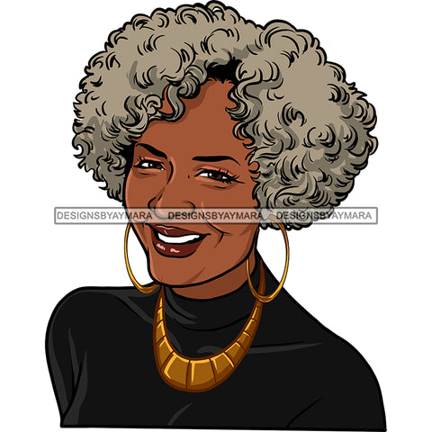 Afro Woman Mature Portrait Nubian Classy Flawless Gold Hoop Earrings Necklace Grey Afro Hairstyle SVG JPG PNG Designs Cricut Silhouette Cut Cuttings