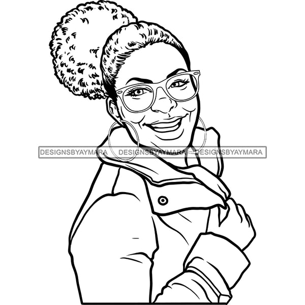 Smiling Old Woman Wearing Winter Coat Jacket Glasses Earrings Jewelry Hair Bun Seniors Grandma Older Lady Classy Mature Elderly Black Girl Magic Melanin Nubian African American Lady SVG JPG PNG Vector Clipart Cricut Silhouette Cut Cutting Black And White