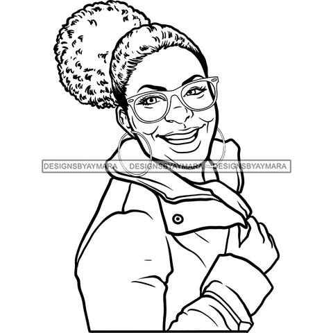 Smiling Old Woman Wearing Winter Coat Jacket Glasses Earrings Jewelry Hair Bun Seniors Grandma Older Lady Classy Mature Elderly Black Girl Magic Melanin Nubian African American Lady SVG JPG PNG Vector Clipart Cricut Silhouette Cut Cutting Black And White