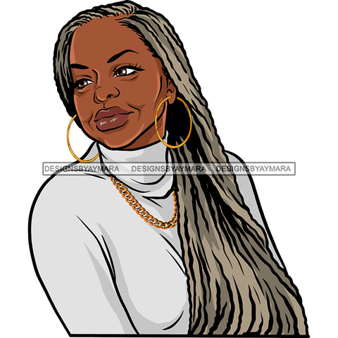 Old Woman Winter Highneck Shirt Earrings Chain Necklace Jewelry Long Grey Hair Seniors Grandma Older Lady Classy Mature Elderly Black Girl Magic Melanin Nubian African American Lady SVG JPG PNG Vector Clipart Cricut Silhouette Cut Cutting