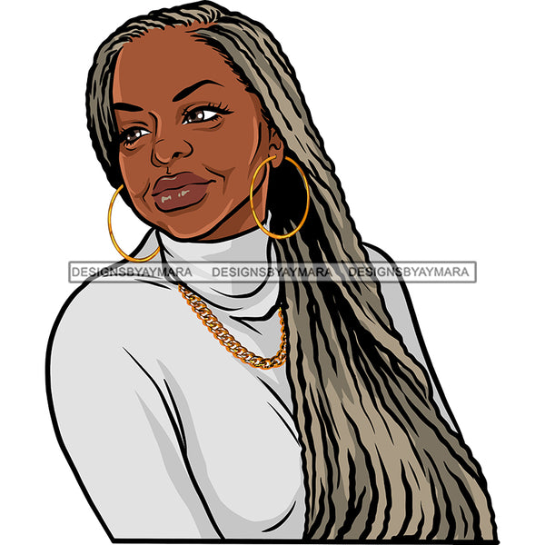 Afro Woman Mature Portrait Nubian Classy Flawless Black Magic Gold Earrings Necklace Grey Long Straight Hairstyle SVG JPG PNG Designs Cricut Silhouette Cut Cuttings