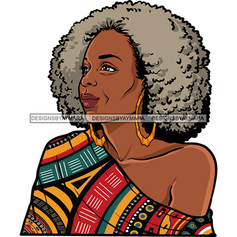 Old Woman Off Shoulder Shirt Golden Gold Earrings Jewelry Curly Hair Seniors Grandma Older Lady Classy Mature Elderly Black Girl Magic Melanin Nubian African American Lady SVG JPG PNG Vector Clipart Cricut Silhouette Cut Cutting