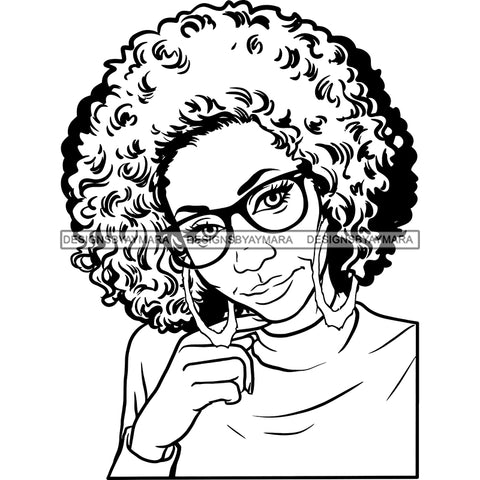 Old Woman Highneck Shirt Earrings Jewelry Glasses Curly Hair Seniors Grandma Older Lady Classy Mature Elderly Black Girl Magic Melanin Nubian African American Lady Black And White SVG JPG PNG Vector Clipart Cricut Silhouette Cut Cutting