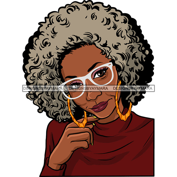 Afro Woman Mature Portrait Nubian Classy Flawless Hoop Earrings Glasses Grey Afro Hairstyle SVG JPG PNG Designs Cricut Silhouette Cut Cuttings